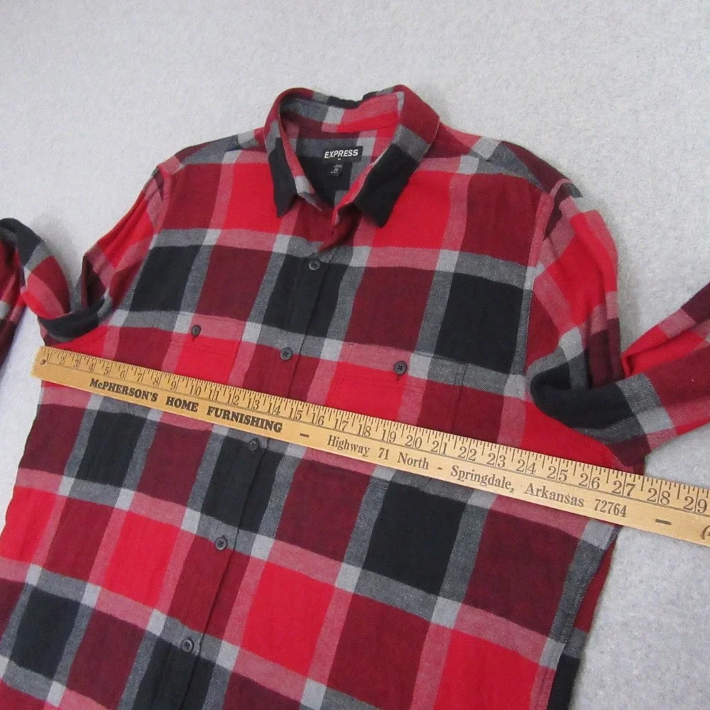 Express Mens Button Up Shirt 2XL Red Black Plaid Long Sleeve‎ Cotton